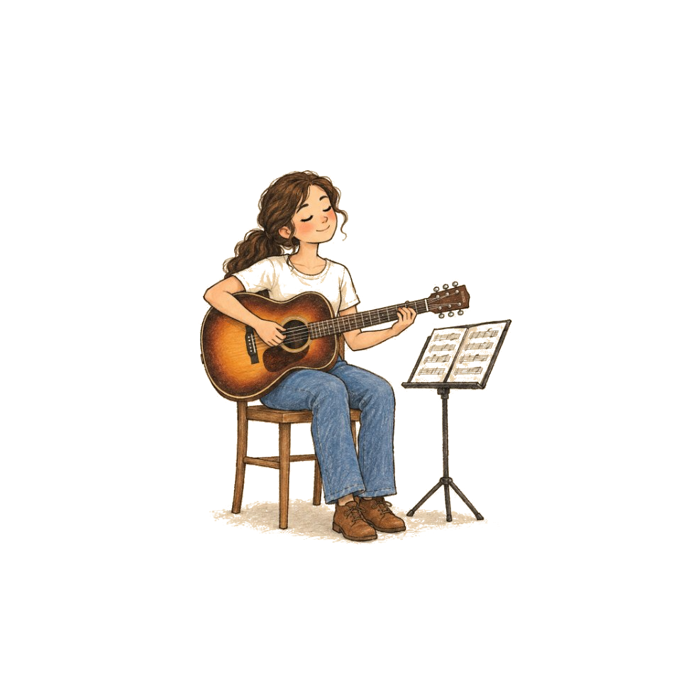 Hand-drawn illustration of guitar teacher Kiara Fragomeli playing her acoustic guitar with her eyes closed, beside a music stand